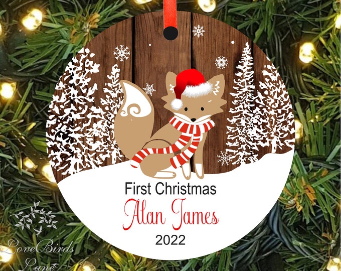 Personalized Baby's First Christmas Ornament 1st Christmas Ornament  Rustic Woodland Fox Large Glass Ornament by lovebirdslane  #O-1023