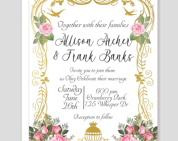 Cinderella Blush Rose Calligraphy Wedding Invitation | Cinderella Invitation | Cinderella Carriage Calligraphy Wedding Invitation #1229P