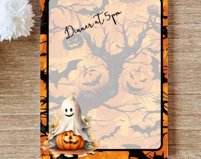 Halloween Pumpkin Notepad with Autumn Leaves – Fall Stationery, Rustic Harvest Notepad, Cozy Seasonal Decor