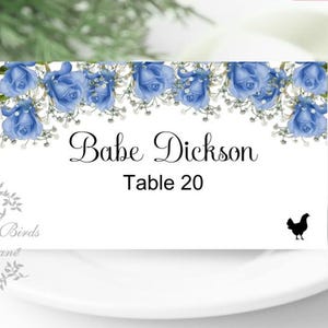 Tarjetas de lugar planas o plegadas con diseño floral de rosas azules impresas para bodas, cumpleaños y baby showers con íconos de comida opcionales PC619-2