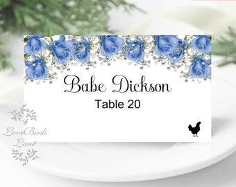 Printed Place Cards | Cinderella Blue Rose Floral | Flat or Folded Place Cards with optional meal icons PC619-2