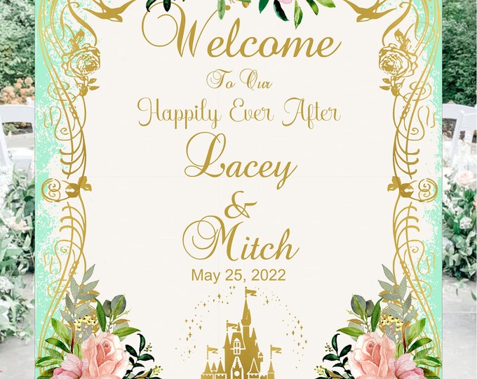 Digital Personalized Fairy Tale Cinderella Castle Wedding Welcome Sign  In Peach and Mint by lovebirdslane