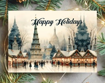 Winter Holiday Vintage Village Market Cards |  Holiday Greeting Cards | 2023 Seasons Greeting Cards Boxed Design #C1125-5