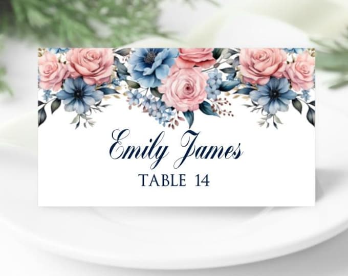 Printed Blue & Pink Floral | Flat or Folded Place Cards for Weddings Birthday Celebrations and Baby Showers with optional meal icons PC616-1