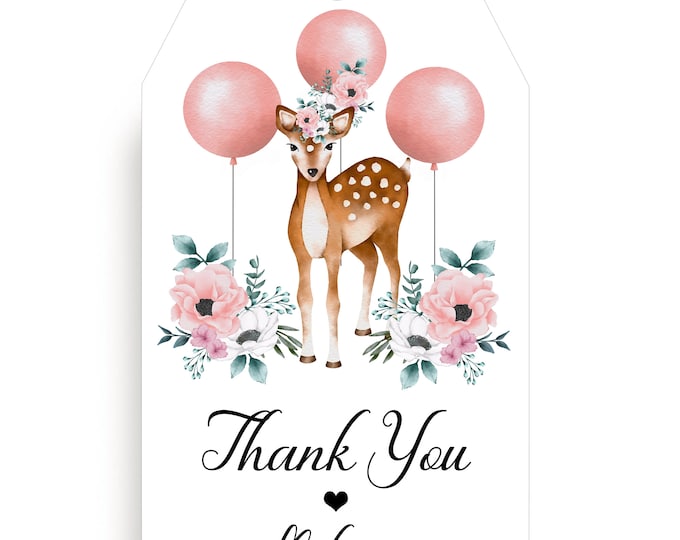 Personalized Gift Tags | Blush Pink Rose Deer Thank You Gift Tags | Personalized Thank You Card #T0613