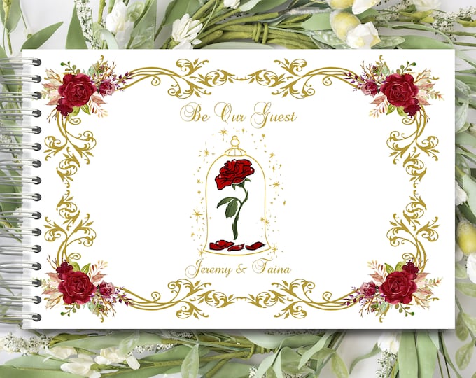 Be Our Guest Handmade Enchanted Rose Personalized Autograph Guestbook Memory Journal or Wedding Guest Book  #GB-0711