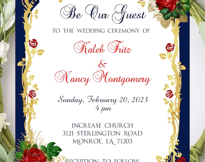 Red Rose Enchanted Beauty and The Beast Wedding Invitation | Wedding Invitation | Calligraphy Wedding Invitation | Lovebirdslane #I-129
