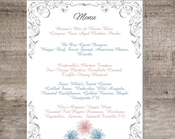 Fireworks Castle Enchanted Fairytale  Menu Card | Princess Wedding Menu | Calligraphy Wedding Menu