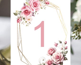 Enchanted Blush Rose Table Numbers | Table Seating Cards | Item TN-476 | Wedding Rose Table Setting