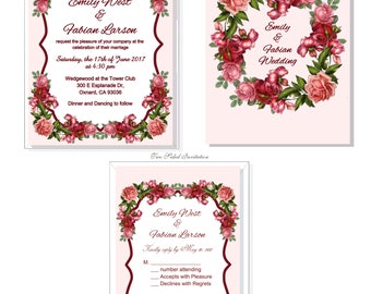 Printable Easy Print Floral Invitation Red Watercolor Wedding Invitation Printable Wedding Invitation Suite Calligraphy Wedding Invitation