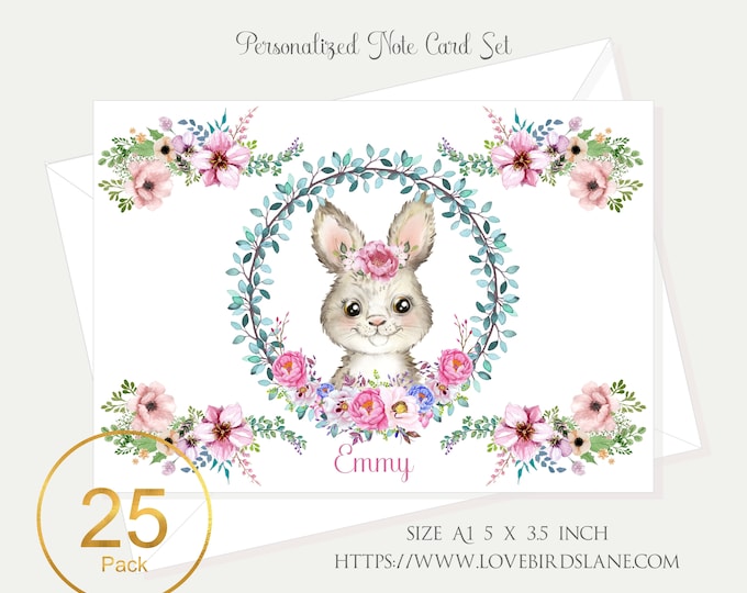 Forest Floral Bunny Personalized Thank You Cards | First Birthday Cards | Baby Shower Personal Thank You  | lovebirdslane #C220701-3