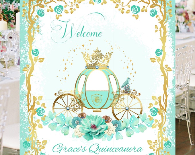 Teal Blue Enchanted Carriage Rose Wedding Welcome Sign Guest Book Alternative | Unique Wedding Guestbook |  LovebirdsLane #WS215-P