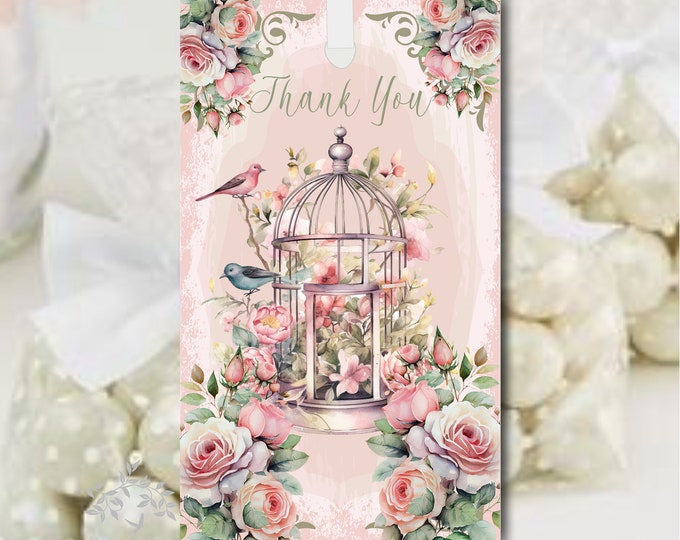 Vintage Birdcage Blush Rose Wedding Gift Tags |  Bridesmaid Cards | Blush Rose Thank You Cards | Personalized Thank You Card #0804-7