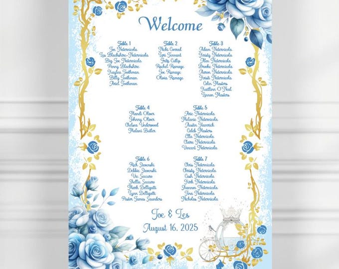 Cinderella Blue Floral Wedding Seating Sign | Wedding Seating Chart Sign | Wedding Seating Chart Poster | lovebirdslane SC-0722P