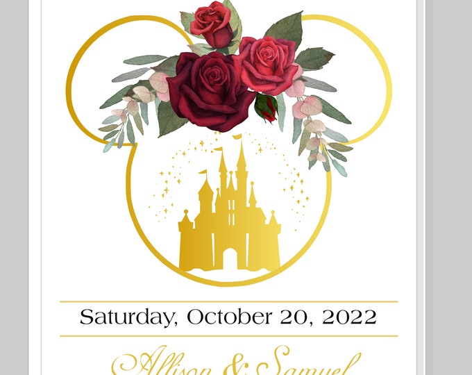Personalized Castle Enchanted Fairy Tale Wedding Save The Date Card | Red Rose Princess Wedding Invitation | Calligraphy Wedding Invitation