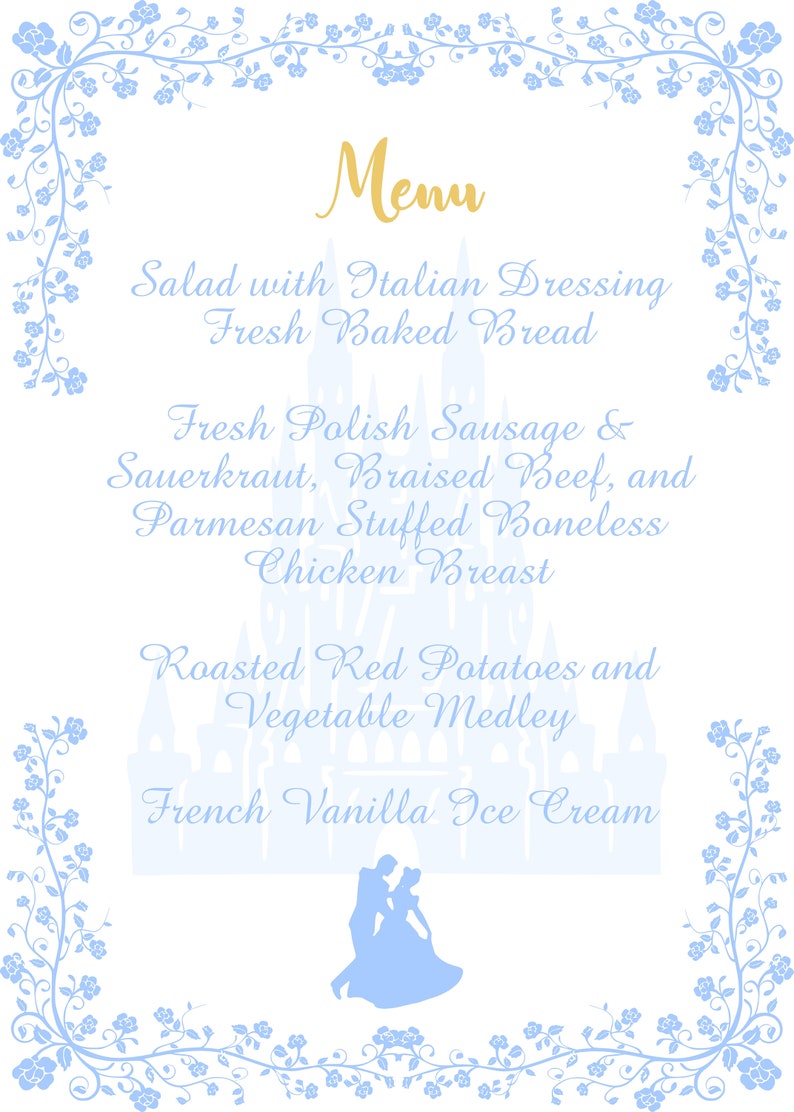 Digital Printable Cinderella Waltz Wedding Menu Calligraphy Wedding Menu