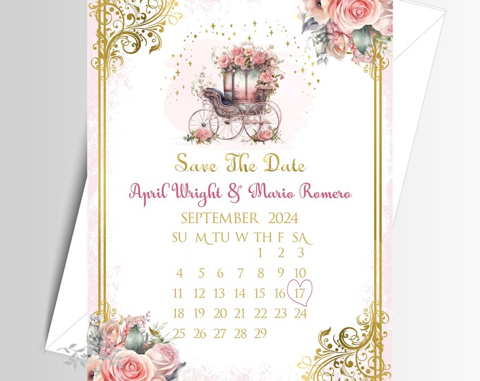 Blush Pink Vintage Wedding Carriage Save The Date | Wedding Invitation | Calligraphy Wedding Invitation | Lovebirdslane #I-0704-3