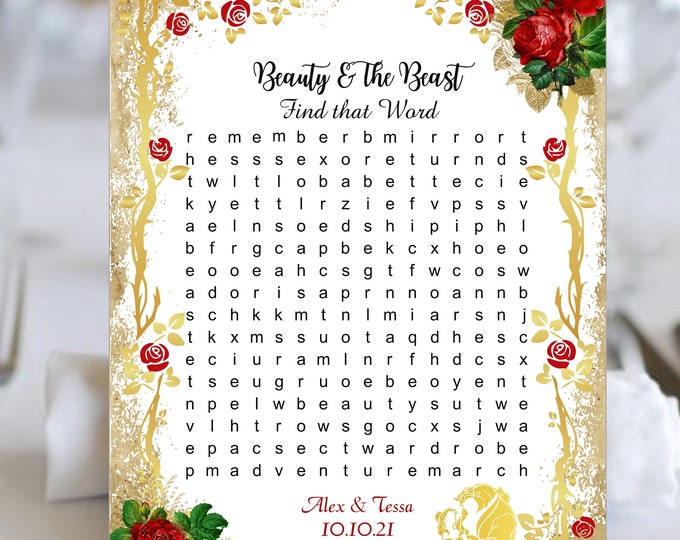 Beauty And The Beast Find That Word Word Search Game Ice Breaker Game Reception Ice Breaker Bachelorette Party Game #GP-003 Sweet 16