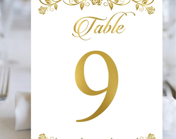 Digital Gold Rose Wedding table numbers | Table Decor Princess Wedding | Printable Table Number Cards | wedding stationery - lovebirdslane
