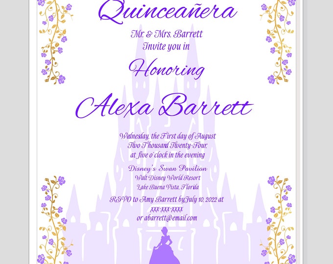 Personalized Cinderella Lavender Purple Invitation | Princess Wedding Invitation | Calligraphy Wedding Invitation WI517-2