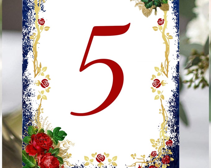 Vintage Red Rose Table Numbers | Table Seating Cards | Item TN-0604 | lovebirdslane