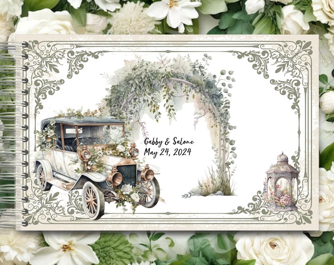 Personalized Handmade Vintage Rose Ford T Wedding Carriage Autograph Guest Book | Memory Journal or Quince Guestbook #GB-0707-5 #guestbook