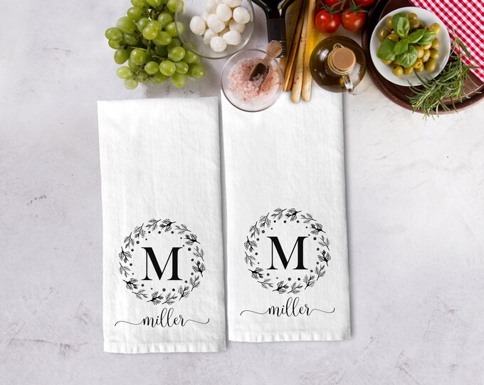 Personalized Classic Monogram Cotton Set of 2Tea Towels | Personalized Kitchen Hand Towel Gift Set