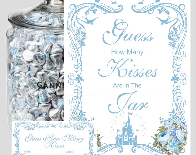 Personalized Fairy Tale Cinderella Castle Wedding How many Kisses Sign with guess cards #cinderellawedding