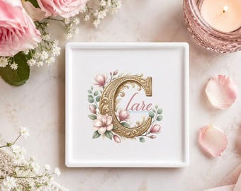 Ring Holder Jewelry Dish Personalized Blush Rose Monogram Design | Trinket Tray | Handmade Romantic Keepsake Gift