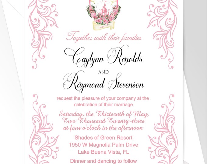 Pink Blush Cinderella Castle Monogram Wedding Invitation | Wedding Invitation | Calligraphy Wedding Invitation | Lovebirdslane I-0831-1