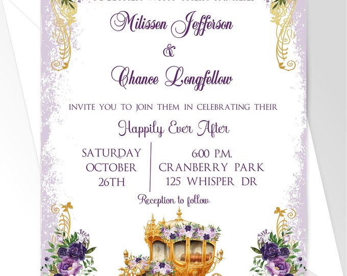 Purple Gold State Coach Wedding Invitation | Wedding Invitation | Calligraphy Wedding Invitation | Lovebirdslane I-0825