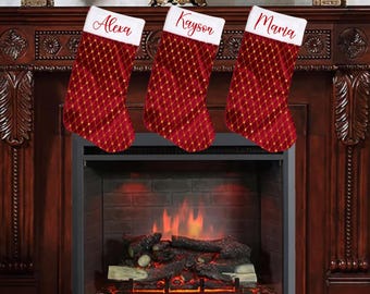 Personalized Red Gold Rhinestone Accent Christmas Stocking