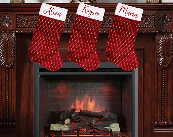 Personalized Red Gold Rhinestone Accent Christmas Stocking