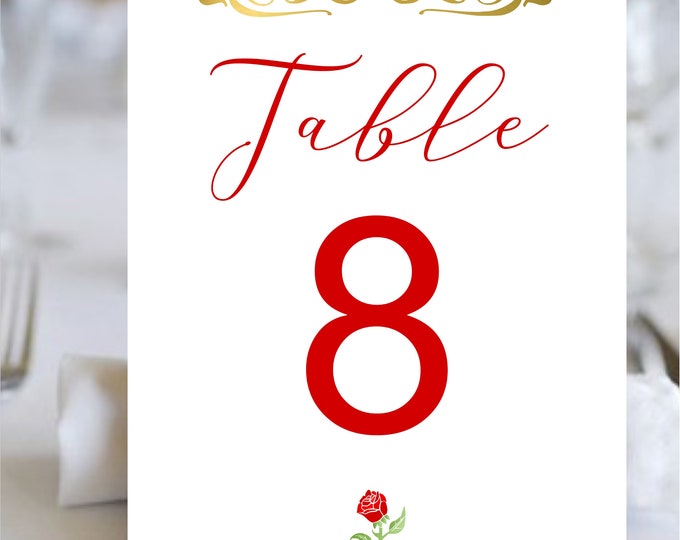 Red Enchanted Rose Beauty And The Beast Wedding Table Numbers | Table Seating Cards | Item TN-0805-D | lovebirdslane Instant Download