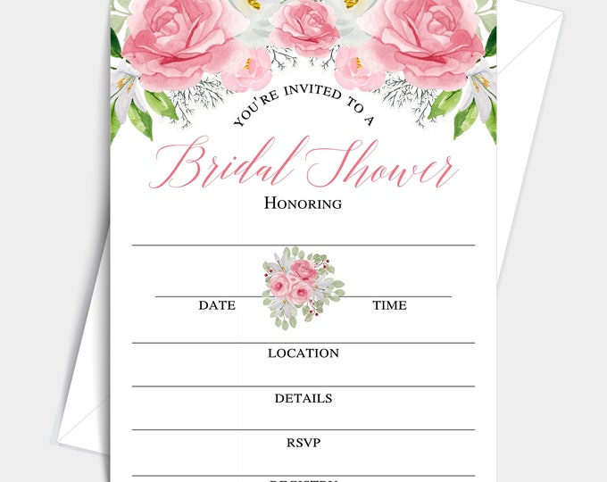 Floral Bliss Collection Bridal Shower Invitations With Envelopes, Peach Navy Floral fillin Single-Sided Cards (25 Invitations and Envelopes)