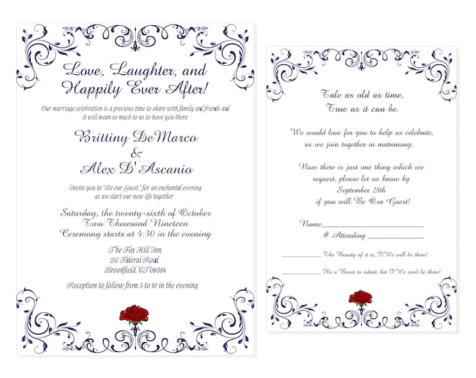 Enchanted Rose Beauty And The Beast Wedding Invitation | Be Our Guest Calligraphy Wedding Invitation