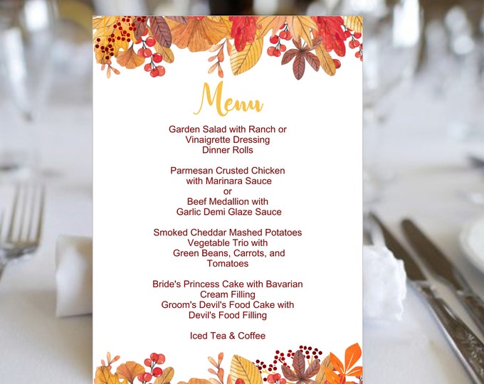 Personalized Fall Wedding Table Menu Fall Event Dinner Menu