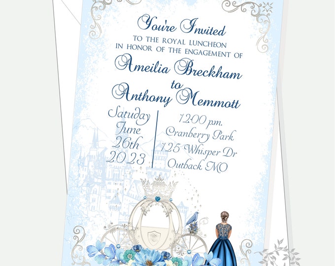 Personalized Engagement Invitation Cinderella Fairy Tale Luncheon Invitation | Sapphire Blue Wedding Invitation | Calligraphy Invitation