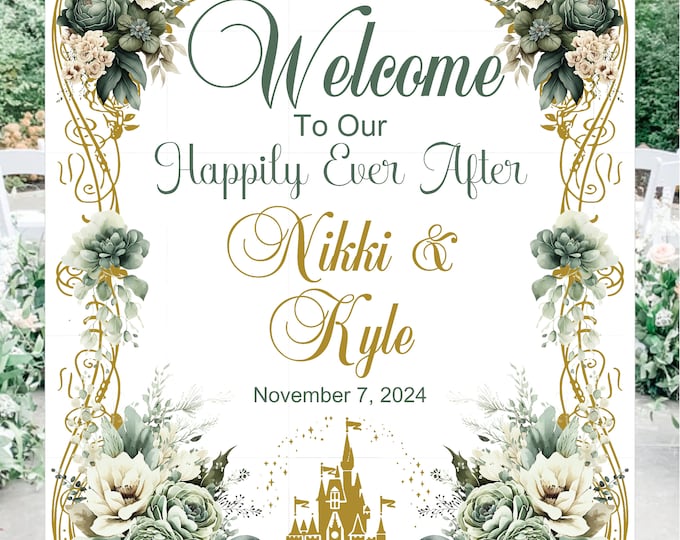 Sage Wedding Welcome Sign Personalized Fairy Tale Cinderella Castle Wedding Welcome Sign #S1003