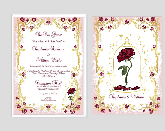 Beauty and The Beast Enchanted Rose Wedding Invitation Suite Calligraphy Wedding Invite with matching RSVP cards #I-228P-4