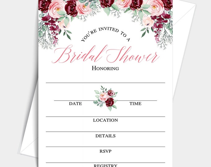 Bliss Collection Bridal Shower Invitations With Envelopes, Burgundy and Peach Floral 25 fillin Single-Sided Cards with Envelopes