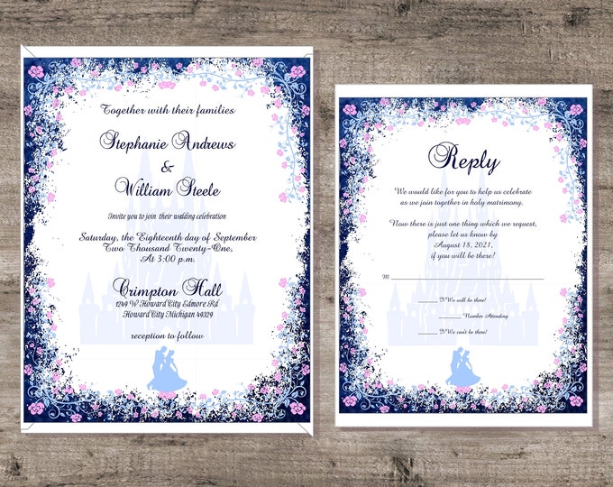 Cinderella Waltz Wedding Invitation Suite Calligraphy Wedding Invite with matching RSVP cards #I-326P