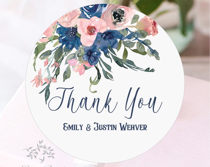 Blush Pink and Navy Floral Personalized Favor Thank You Label