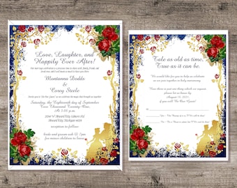Personalized Beauty and The Beast Enchanted Rose Wedding Invitation Suite Calligraphy Wedding Invite with matching RSVP cards #I-326P-7