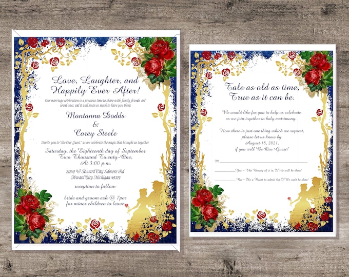 Personalized Beauty and The Beast Enchanted Rose Wedding Invitation Suite Calligraphy Wedding Invite with matching RSVP cards #I-326P-7