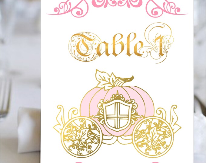 Digital Pink Cinderella Carriage Wedding table number | Table Decor Princess Wedding | Printable Table Number Cards | lovebirdslane