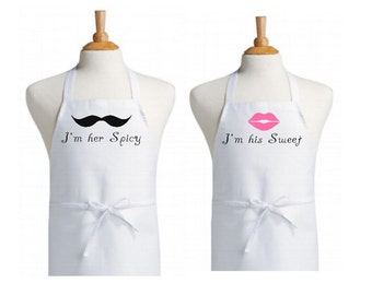His & Her Spicy And Sweet Aprons / Bridal Couple Gifts / Home Warming Gift - lovebirdslane
