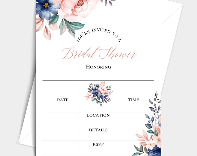 Floral Bliss Collection Bridal Shower Invitations With Envelopes, Peach Navy Floral fillin Single-Sided Cards (25 Invitations and Envelopes)