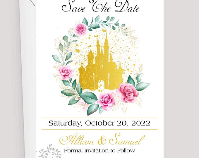 Personalized Castle Enchanted Fairy Tale Wedding Save The Date Card | Princess Wedding Invitation | Calligraphy Wedding Invitation WI96