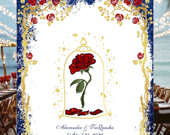 Digital Blue Gold Enchanted Rose Beauty And The Beast Rose Wedding Sign Guest Book Alternative | Unique Wedding Guestbook #GB-404D